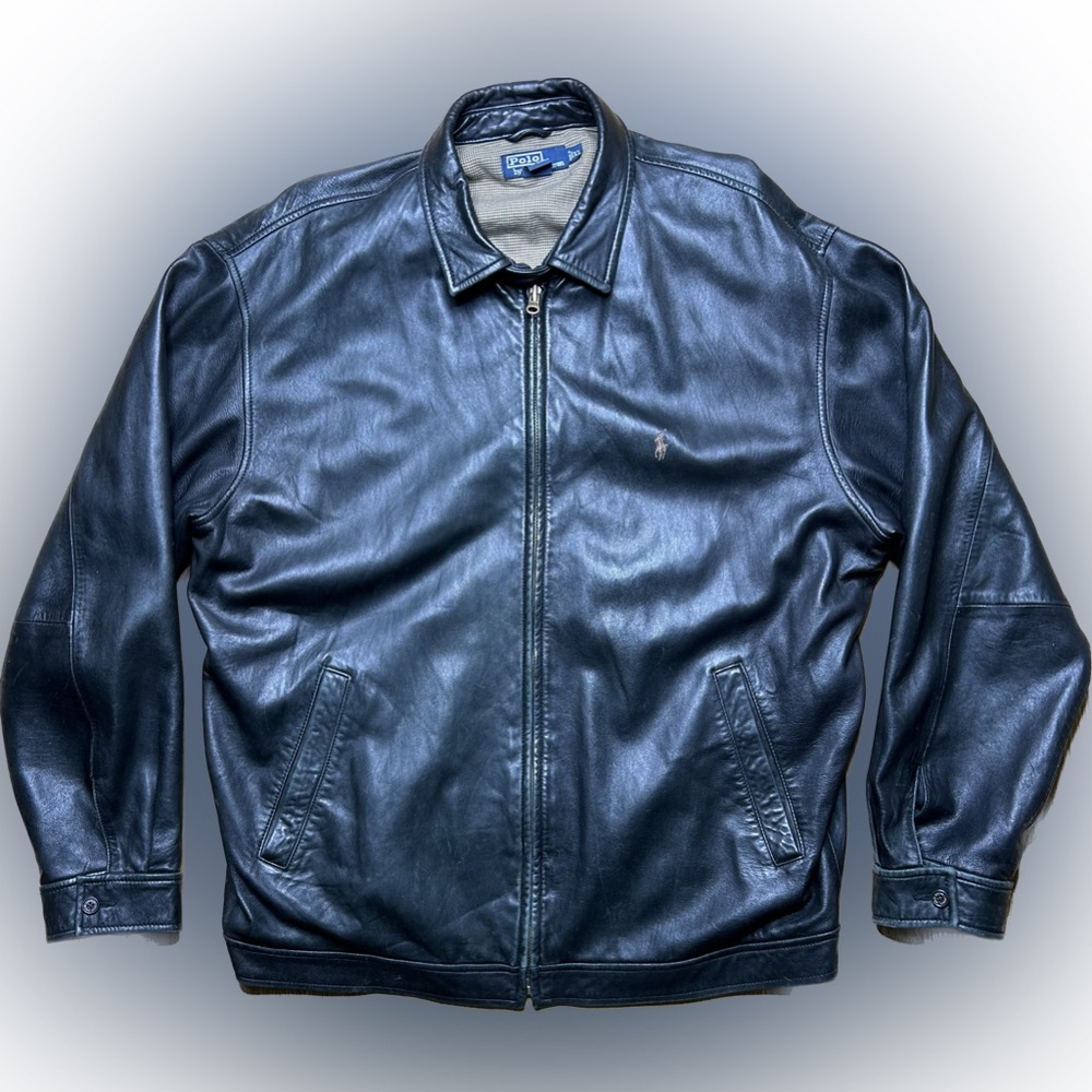 Vintage Mens Polo Ralph Lauren Black Soft Leather Jacket Houndstooth Lining XL